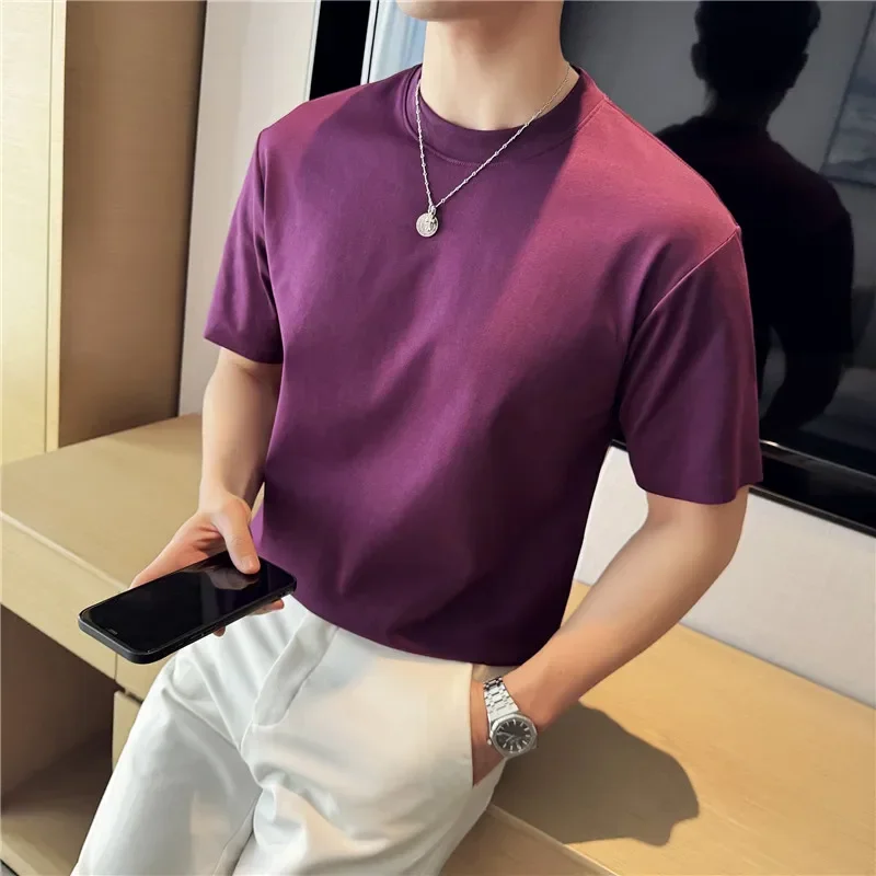 Men T-shirt Short Sleeved 100% Pure Cotton 2024 Summer New Top Solid Casual Loose Round Neck T-shirt High-quality Clothing