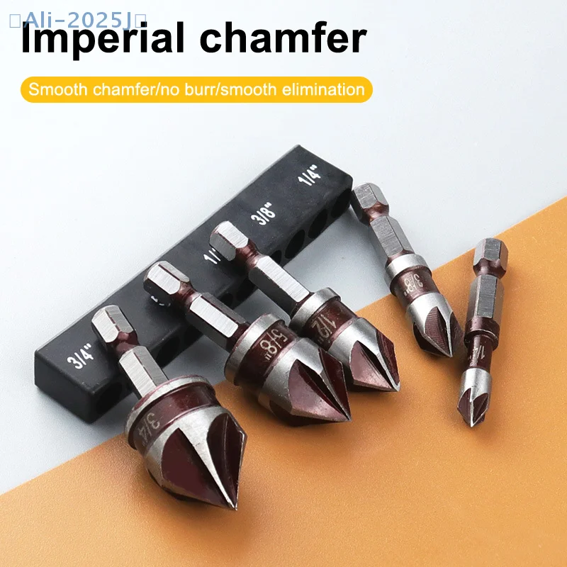 

5Pcs/set 1/2"1/4" 3/8" 3/4"5/8" Countersink Drill Bit Hex Shank Mill Cutter Hole Cutter Wood Metal Plastic Chamfering Tools