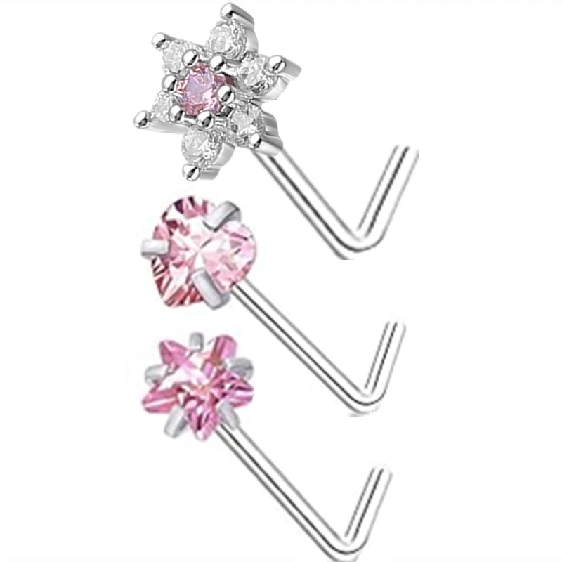 3PC Stainless Steel Flower Nose Piercing Stud Set L Shape Pink Nose Ring Studs Pack Indian Nose Jewelry Bulk Piercing Nariz Lote view 3