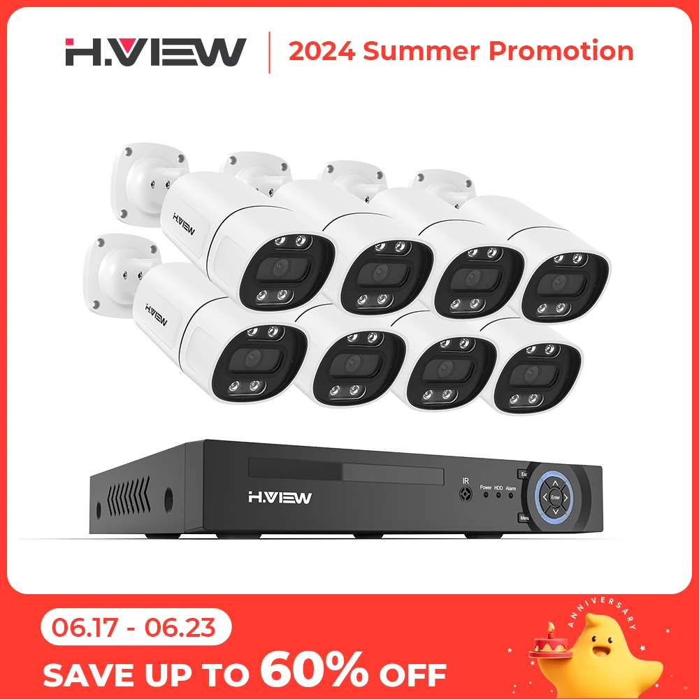 

H.View 4K 5Mp 8Mp poe Cctv Security Camera System Home Video Surveillance Kit 8Ch Nvr Audio Outdoor Ip Camera xmeye app