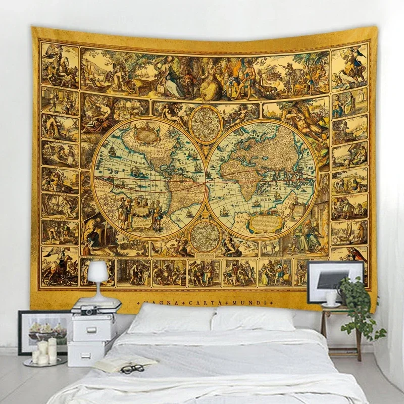 World Map HD Tapestry World Historical Civilization Map Fabric Wall Decoration Watercolor Map Alphabet Polyester Tablecloth