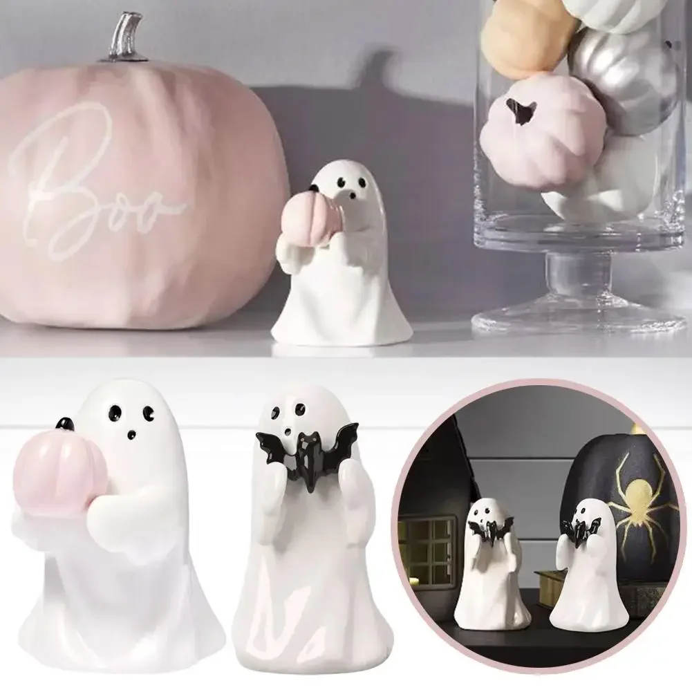 Ghost Hugging Pumpkin Statue Cute Halloween Statue Spooky Halloween Ghost Pumpkin Figurine Resin Walking for Home for Theme