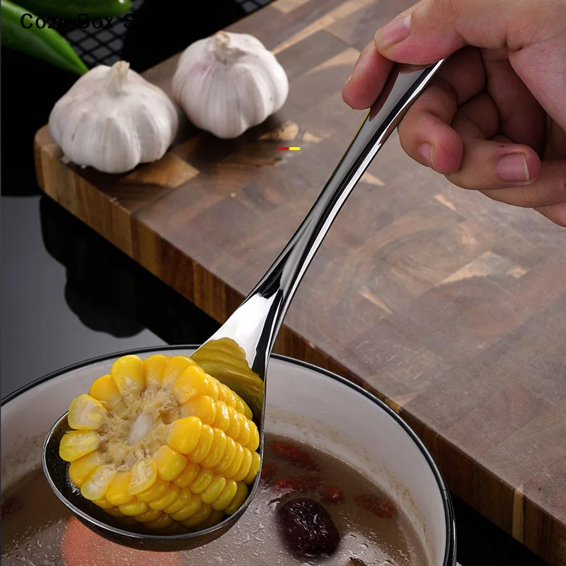 [ZY]Stainless Steel Spoon Thicken Big Head Long Handle Soup Spoons For Hot Pot Scoops Colander Home Kitchen Cooking Tableware