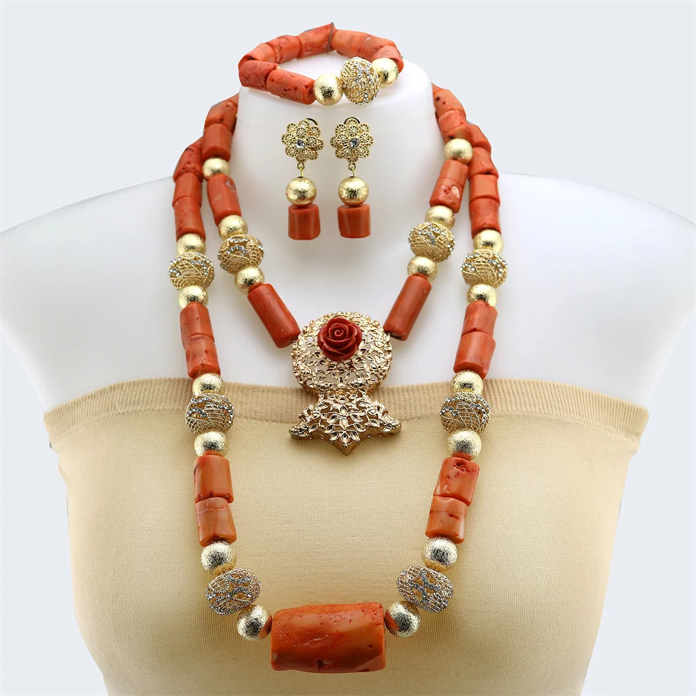 

Natural Coral Jewelry Set Latest Coral Jewelry Sets Nigerian Dubai Orange Necklace Sets of Beads African Bridal Jewelry Sets