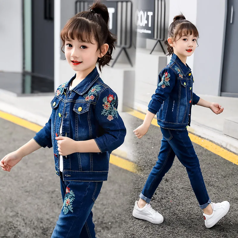 Set di abbigliamento per bambina autunno primavera Set di abbigliamento ricamato per bambini per bambini Giacca di jeans alla moda + pantalone Jean