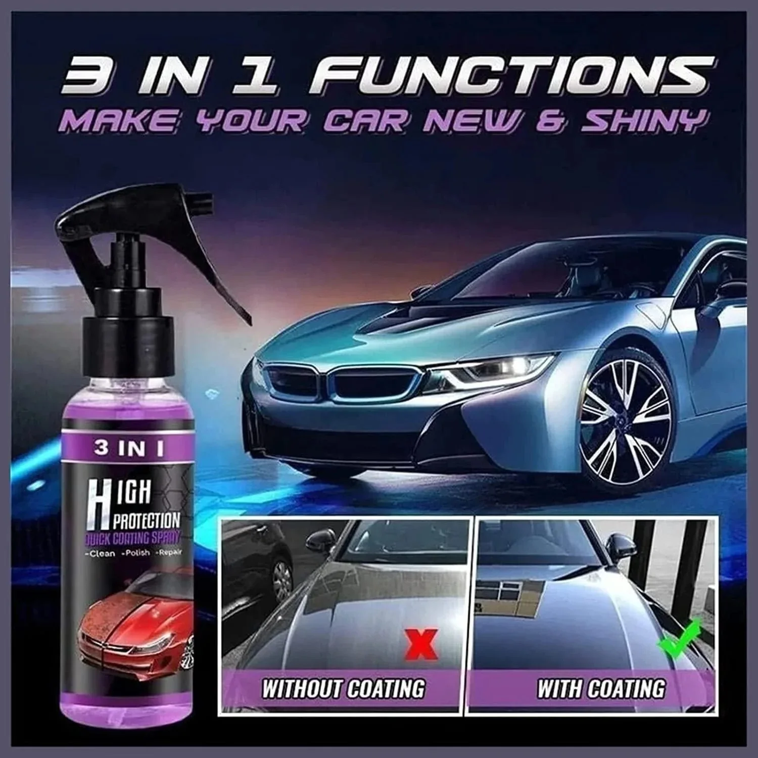 Pulverizador de revestimiento de coche 3 en 1 de alta protecciรณn, capa Nano rรกpida, aerosol de limpieza de pulido de cera de coche, refresca de