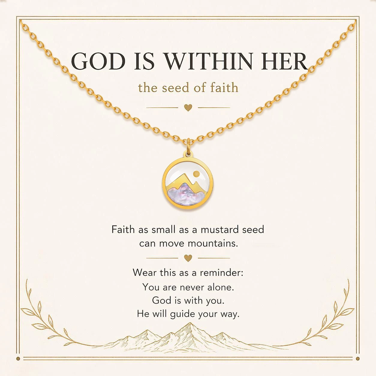 Christian Mountain Necklace Stainless Steel Gold Plated Religious Faith Pendant Gift with Card