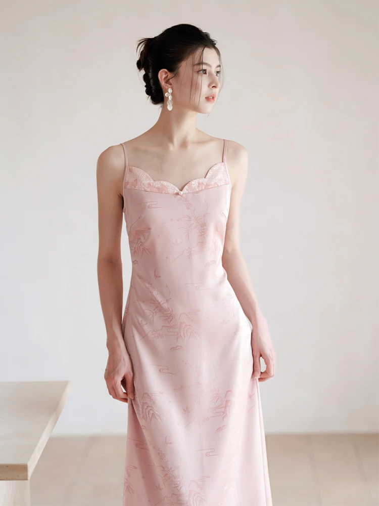 

Ele Pink Floral Embroidery ter Long Dr Women's Summer New Sle Chinese National Sle Simple Strapl Dr