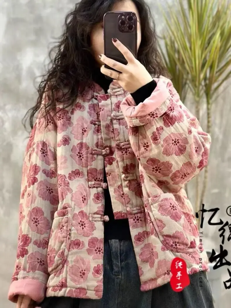 

Теплый хлопковый тюре в стиле ретро с цветочным принтом, женское пальто на пуговицах, свободная посадка, длинная зимняя верхняя одежда с воротником-стойкой све