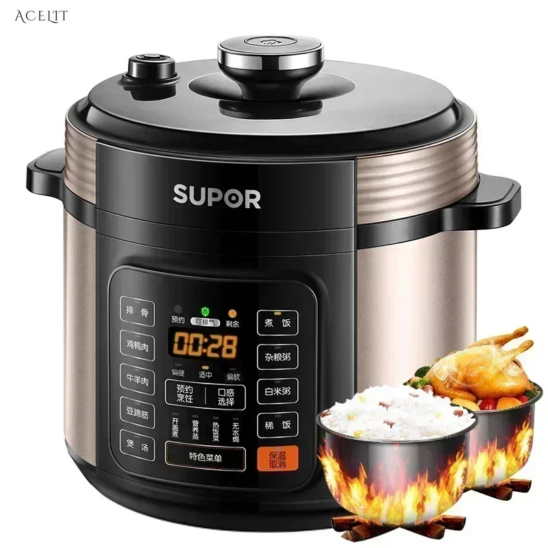 Household large capacity electric pressure cooker with double bile. Features intelligent appointment and automatic exhaust.