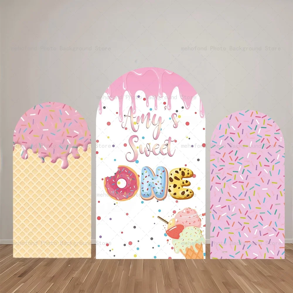 

Mehofond Arch Backdrop Customized Name Sweet Colored Suger Lively Pink Ice Cream Birthday Decor Studio Photography Background