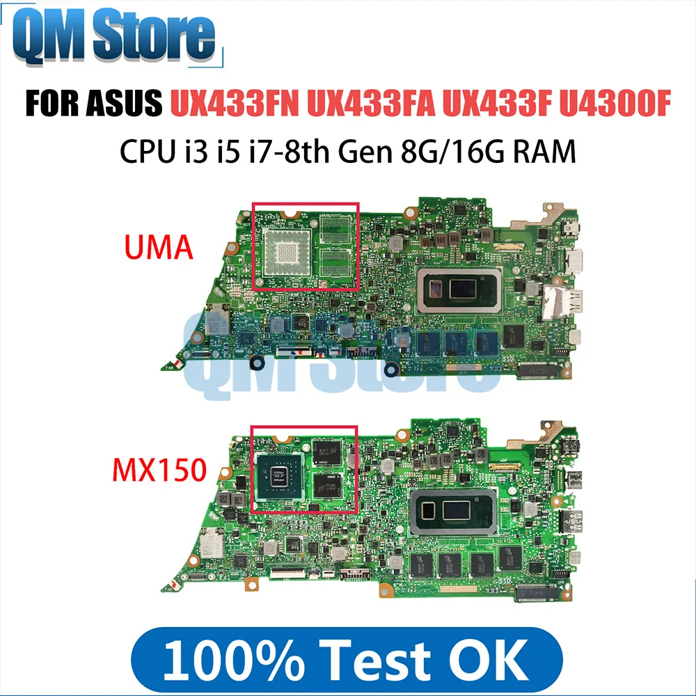 

Notebook Mainboard For ASUS ZenBook 13 UX433FN UX433FA U4300F Laptop Motherboard I3 I5 I7 8th Gen CPU 8G 16G RAM MX150 UMA