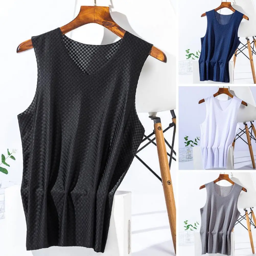 V-neck Sleeveless Men Vest Grid Texture Smooth Thin Elastic Solid Color Ice Silk Vest Sportwear Tank Tops Fitness Gym Workout