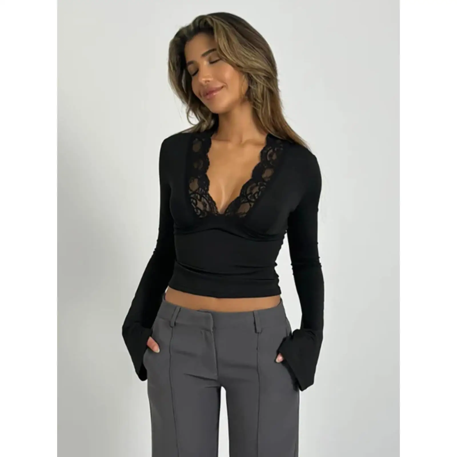 

Сексуальное платье с глубоким V-образным вырезом, кружевом и рукавами-колокол, новое, для ранней осени, в стиле «пикантная девушка», модное, с завышенной талией