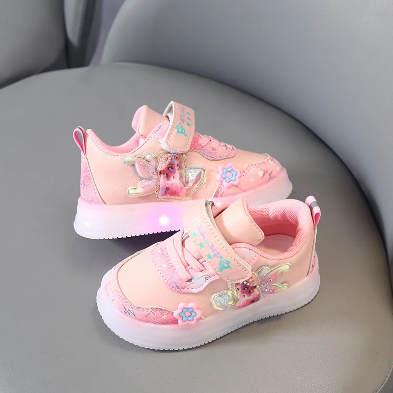 Disney LED Casual Sneakers For Spring Girls Frozen Elsa Princess Leather Shoes Children Lighted Non-slip Pink Purple Size 21-30