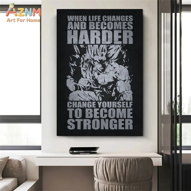 AZNM Dragon Ball Goku Gym Motivational Quote Unframed Canvas Print Black White Silhouette Anime Fitness Wall Art Poster