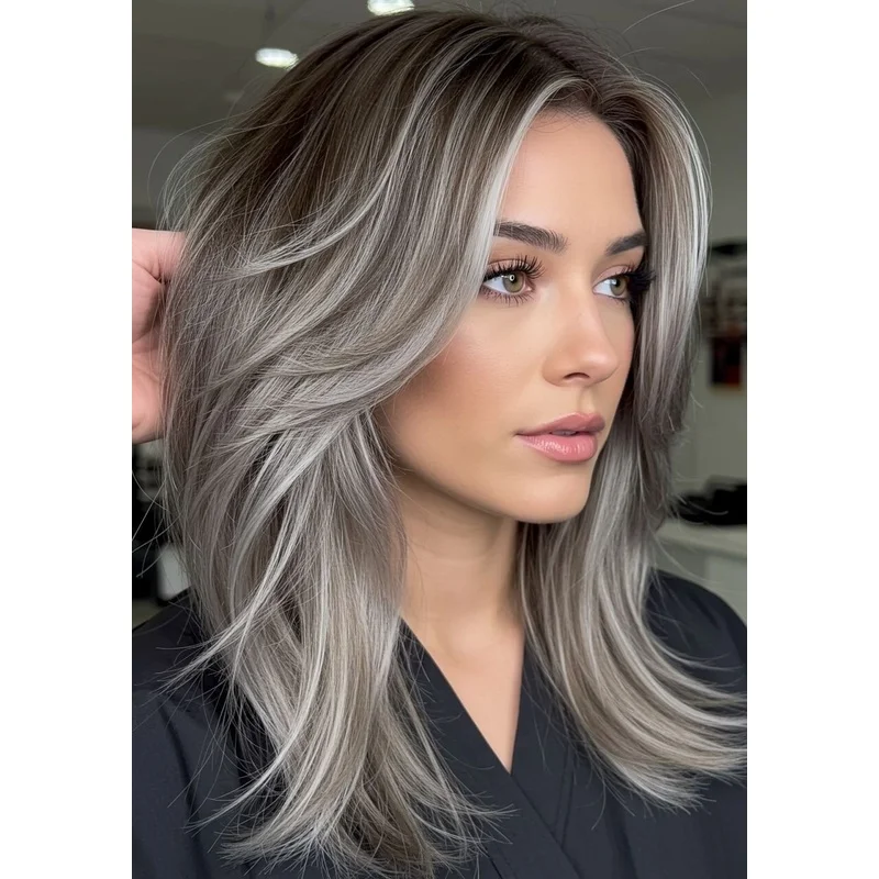 Balayage Silver Blonde with Brown Highlight Wave 100% Human Hair Lace Front Wigs