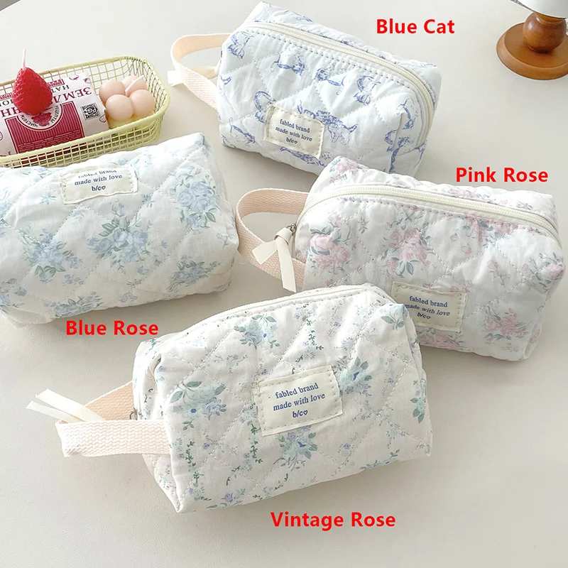 Vintage Flower Women Makeup Bag Portable Ladies Cosmetic Travel Storage Bags Handbags Large Capacity Quilted Cotton Tote Pouch