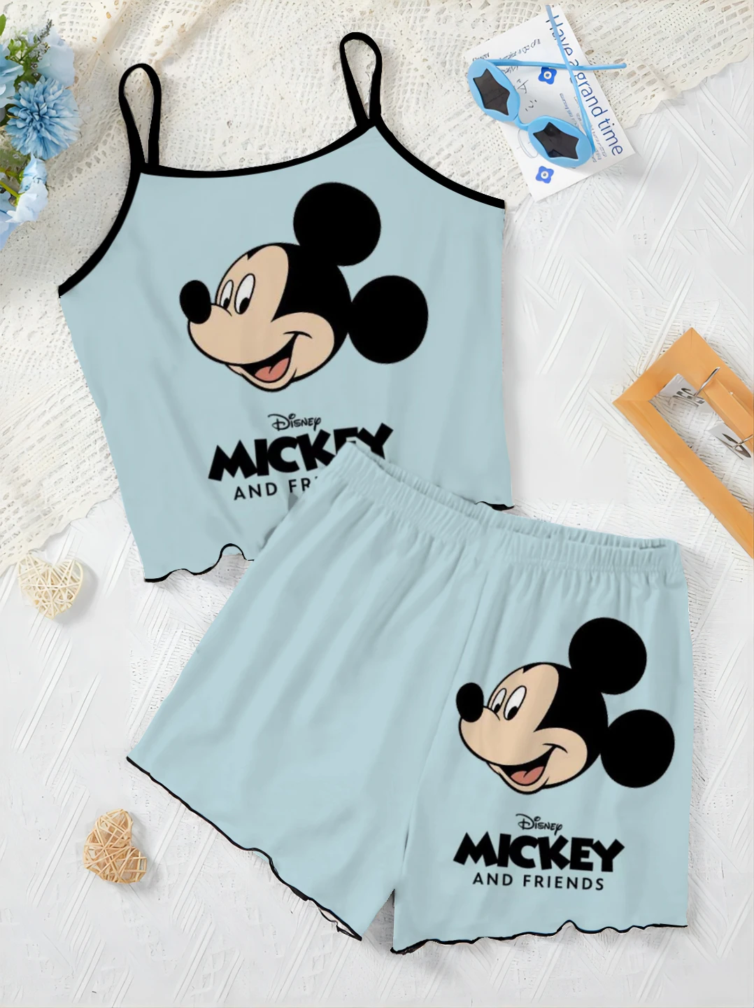 

Top Pajama Skirt T-shirt Mickey Minnie Mouse Short Sets for Women 2 Pieces Home Dress Disney Lettuce Trim Elegant Women's Suit