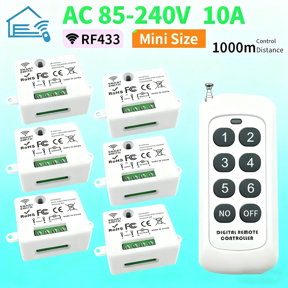 สวิตช์รีโมทไร้สายอเนกประสงค์สำหรับบ้านอัจฉริยะ 433Mhz 110V 220V 10A รีเลย์ขนาดเล็ก รีโมทคอนโทรลสำหรับไฟ LED ในบ้าน
