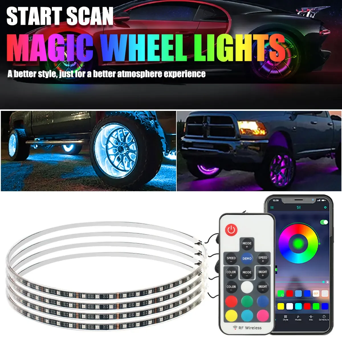 

15,5-дюймовые автомобильные ступичные фонари Symphony LED RGB Неоновая лампа Многорежимная авто колесная полоса Гибкое украшение Автомобильная атмосферная лампа 12 В