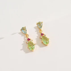 1Pair Good Quality Gold Color Olive Green Zircon Drop Earrings For Women Water Drop CZ Blue Female Brincos 18K Gold Plated
