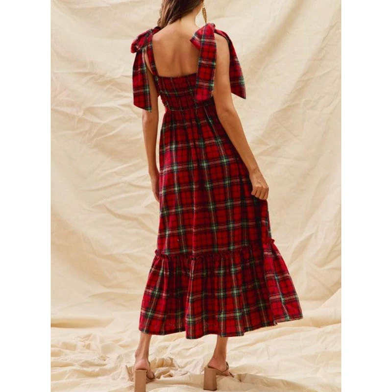 Combhasaki femmes noël Vintage Plaid imprimé sans manches cravate bretelles froncé smocké a-ligne à volants ourlet fluide longue robe
