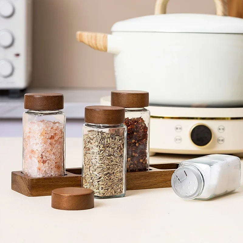 Glass Seasoning Jar Set Acacia Wood Cover Square Glass Bottle with Base Set Sealed Pepper Spice Jar Spices Organizer Kitchen