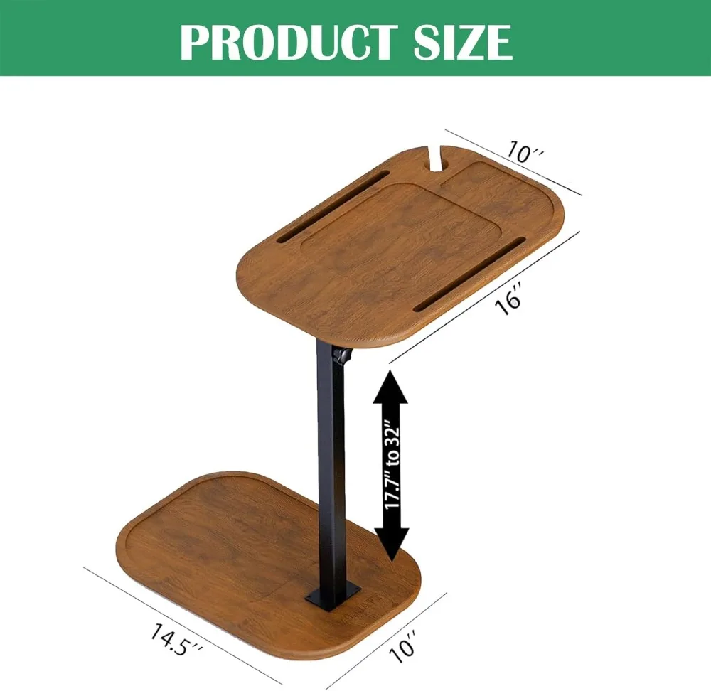 Tavolino regolabile a forma di C per bracciolo del divano, vassoio TV girevole con slot per telefono per piccoli spazi