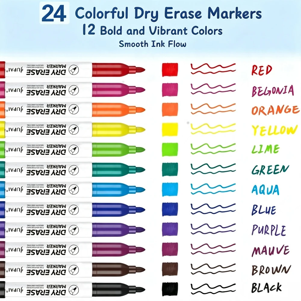 12Colors 24Pcs Whiteboard Markers Fine Tip Low Odor Dry Erase Marker for Office School Teacher Classroom Supplies Easy To Wipe