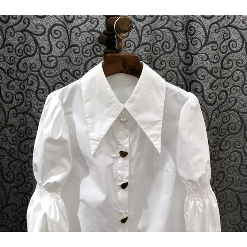 2023 Vintage Puff Bubble Sleeve Button Up Shirt Lady White Blouse Women Pointed Turn Down Collar Long Sleeve Cotton Tops