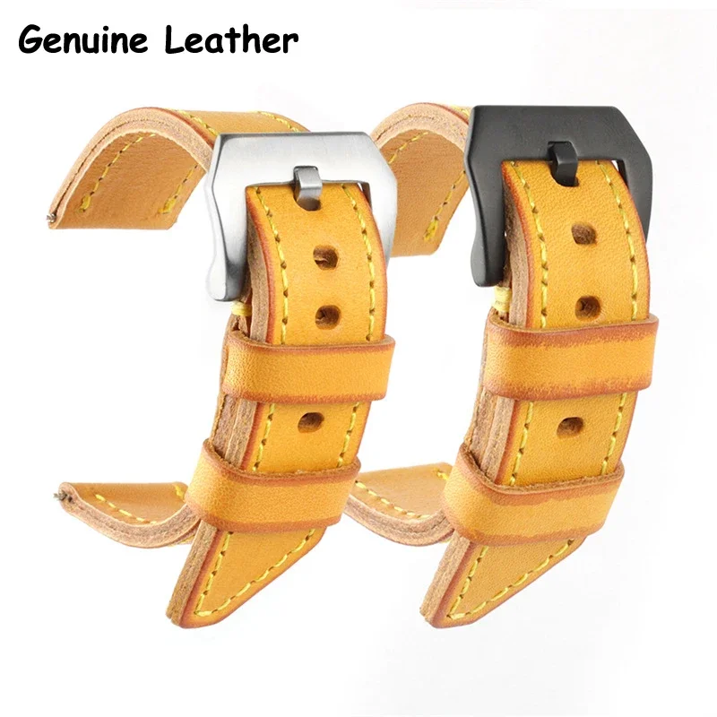 3mm Thick Genuine Leather Watchbands 20mm 22mm 24mm 26mm Yellow Brown Retro Women Men Cowhide Watch Band Strap Belt With Buckle