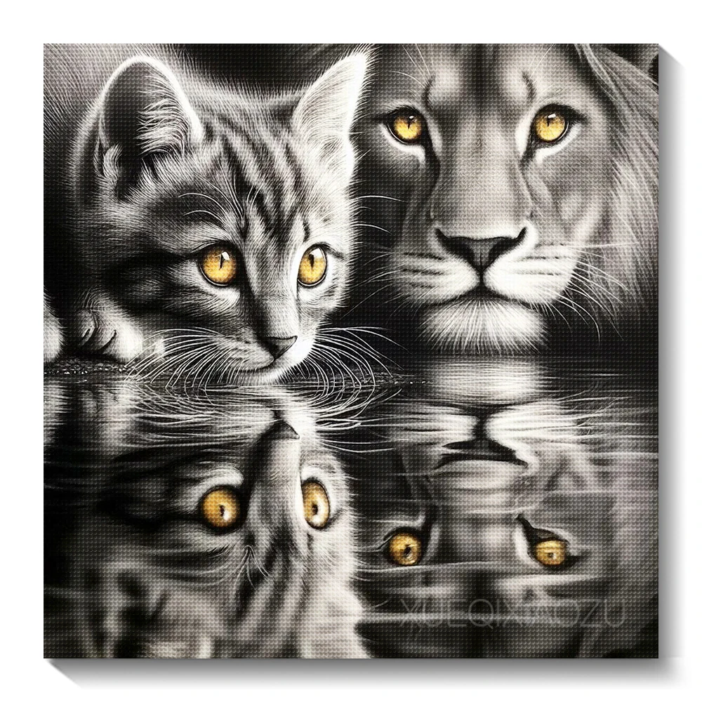 Cat and Lion Reflection Diamond Painting DIY Mosaic Embroidery Black and White Animal Art Home Decoration Full Rhinestone Puzzle