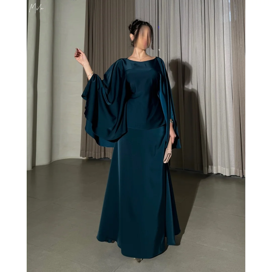 

Mila Teal Satin Two-Piece Gown Prom Dresses Cape Sleeves Round Neck Customized Formal Evening vestidos de gala for Wedding 2025