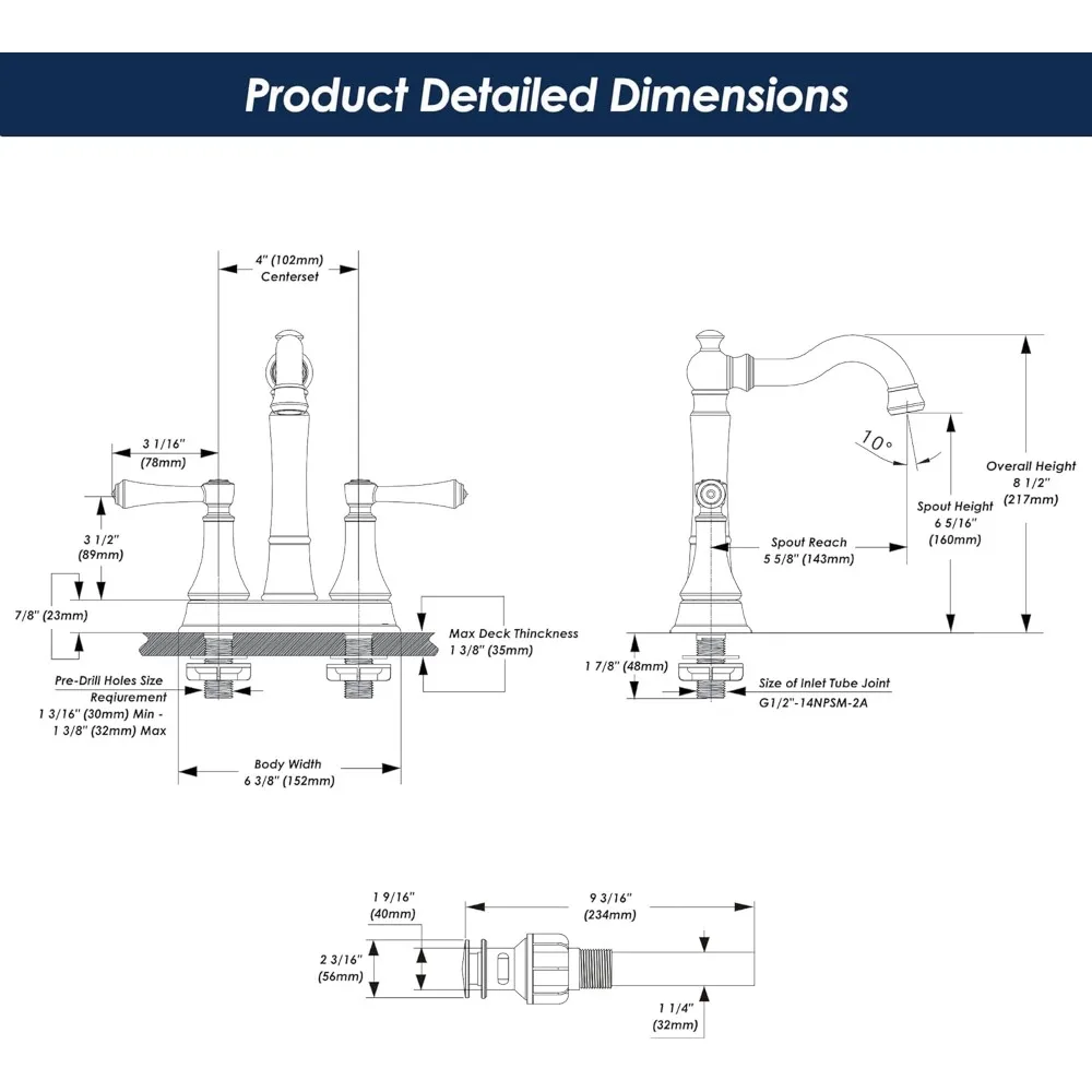 صنبور حمام بمقبضين من البورسلين باللون الذهبي المصقول مقاس 4 بوصات، 3 فتحات نحاس عالي القوس 360 درجة °   صنبور دوار، تصريف بلاستيكي منبثق