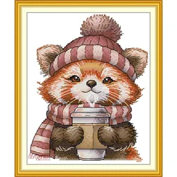 Joy Sunday Pre-printed Cross Stitch Kit Easy Pattern Aida Stamped Fabric Embroidery Set-Little Panda Drinking Coffee