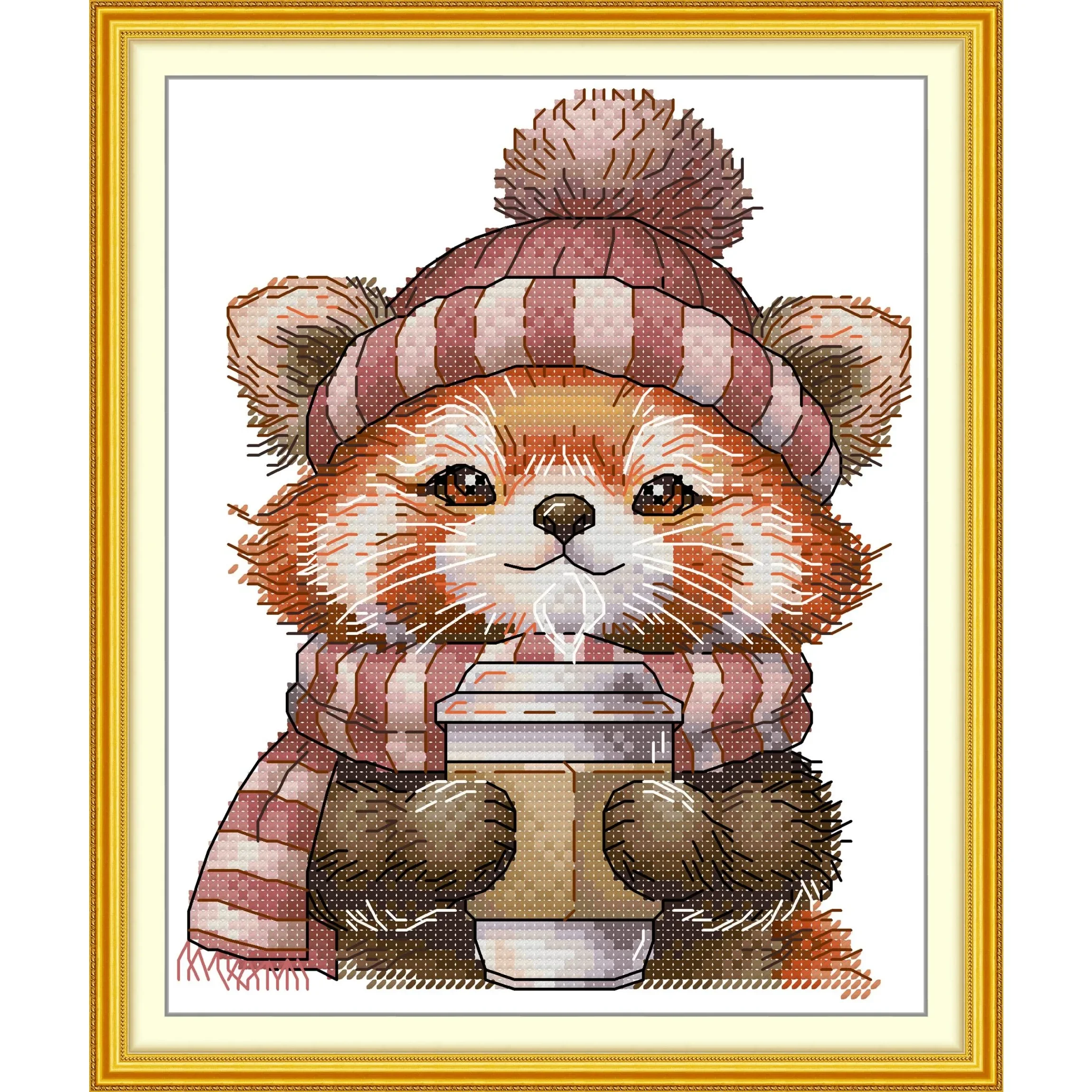 Joy Sunday Pre-printed Cross Stitch Kit  Easy Pattern Aida  Stamped Fabric Embroidery Set-Little Panda Drinking Coffee