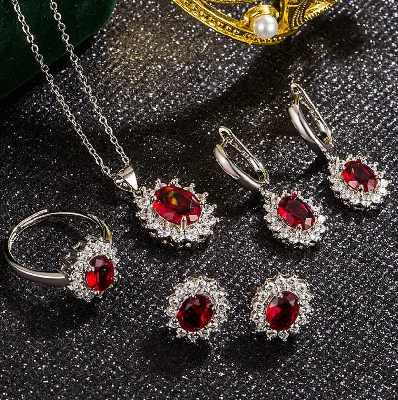 Princess Diana Ruby Diamond Promise Jewelry Set 925 Sterling Silver Bijou Wedding Earring Ring Necklace for women Jewelry Gift