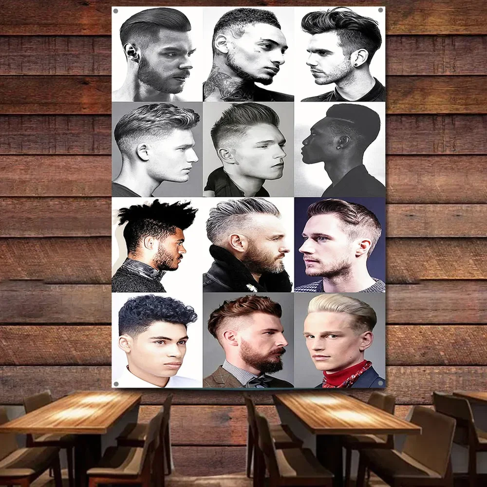 

Top Men's Business Hairstyling Poster Wall Charts Vintage Barber Shop Wall Decor Banner Flag Haircut & Shave Service Signboard