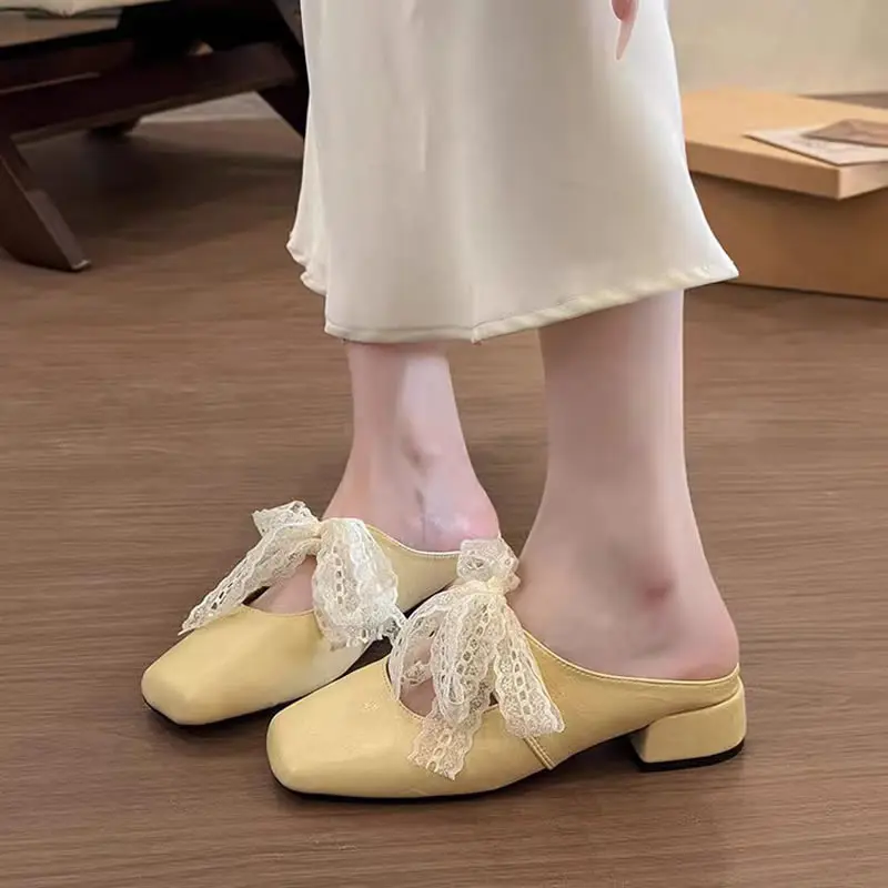 

Fashionable Lace-Up Butterfly Knot Head Cover Slippers Women Summer Rubber Bottom Soft Sole Square Head Mary Jane Half Slippers