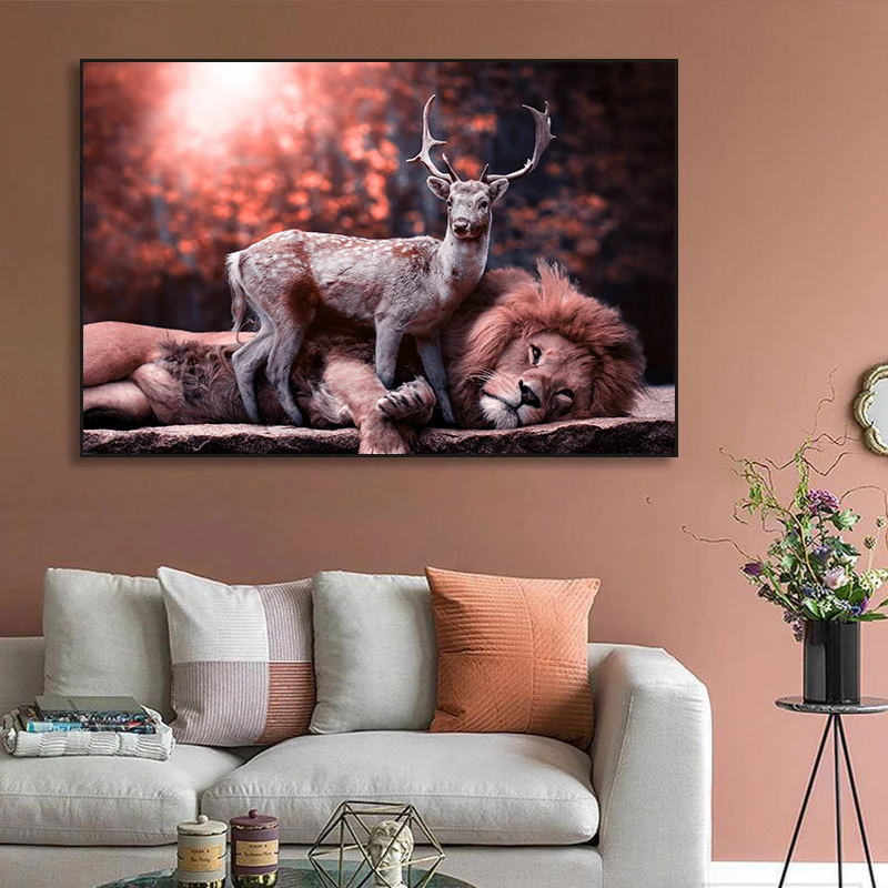 

Deer and Lion Animals Wall Art Posters and Prints Canvas Painting Animal Pictures for Living Room Modern Home Decoration