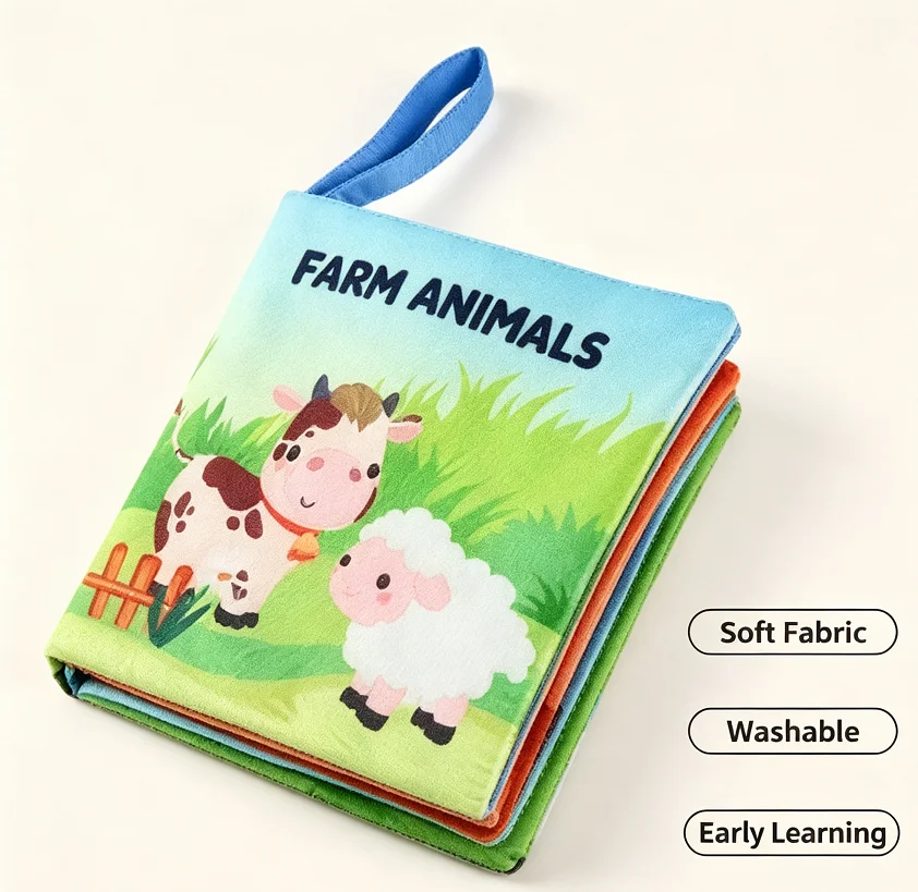 Soft Fabric Cloth Book Montessori Touch Feel Sensory Washable Reusable Farm Animal Theme Early Learning Educational Tool