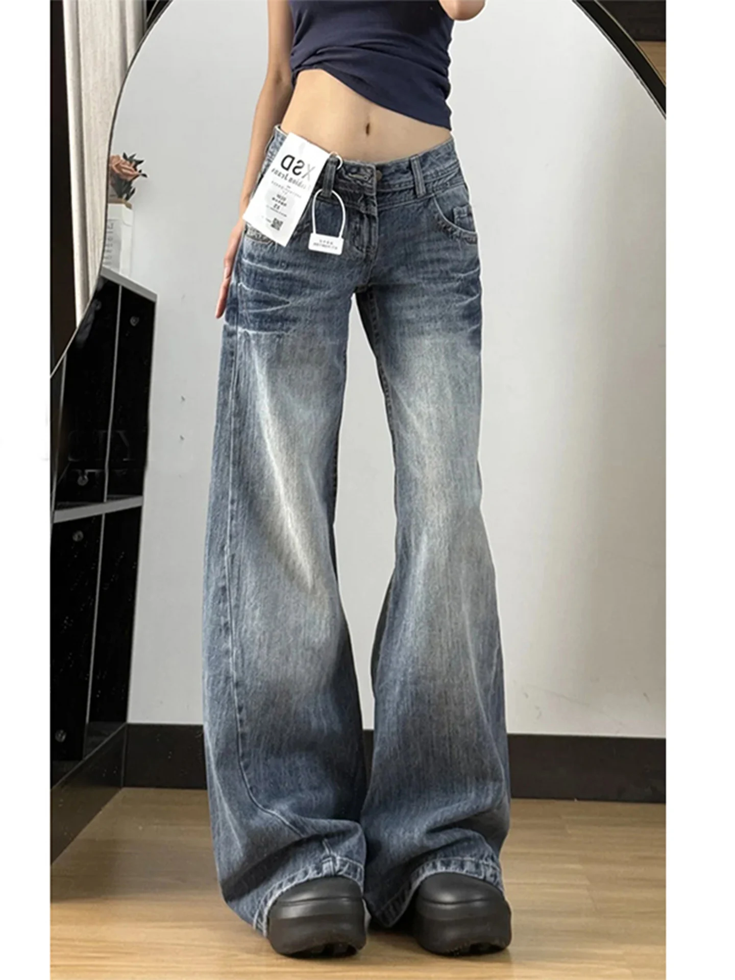 

Ретро-джинсы женские с низкой посадкой и широкими штанинами, свободные брюки с высокой талией и легким расклешением, весенняя новинка, синий хлопок