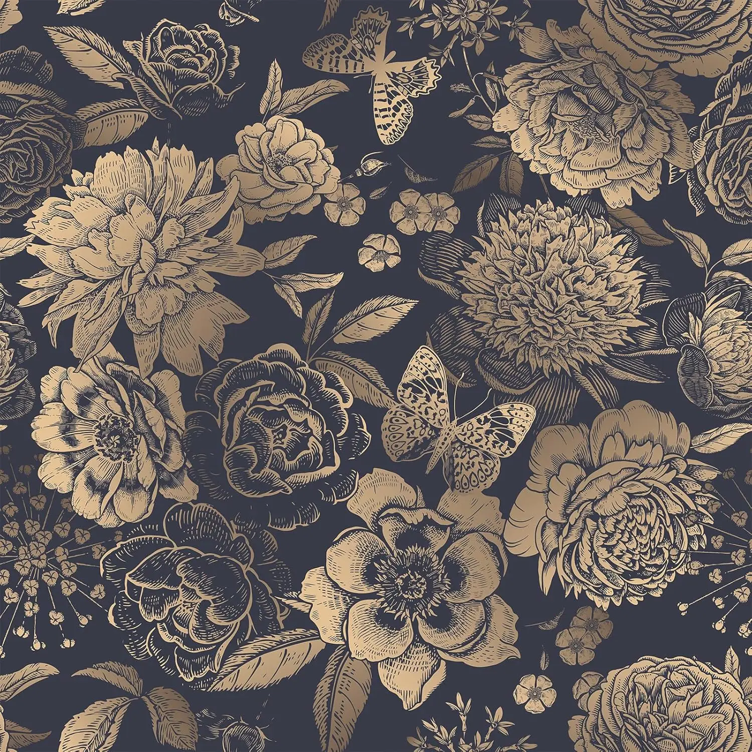 Black Gold Vintage Floral Butterfly Peel and Stick Wallpaper Moody Luxury Line Art Wall Decor