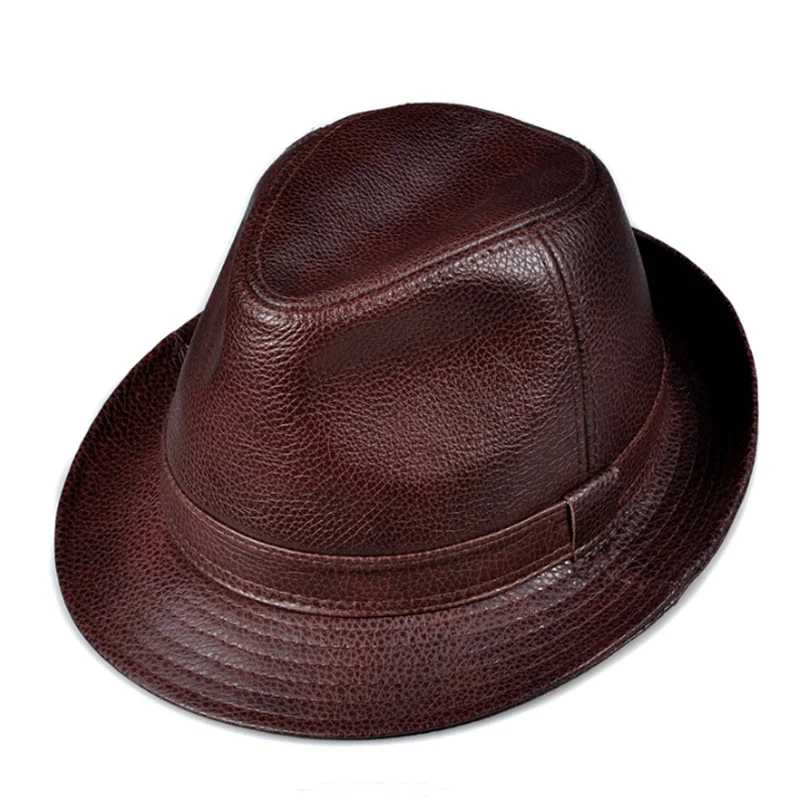 

Man Sombrero Hombre High Quality Genuine Leather Jazz Fedora Gentleman Cow Skin Short Brim Top Hat Male Shows Topper Panama Caps