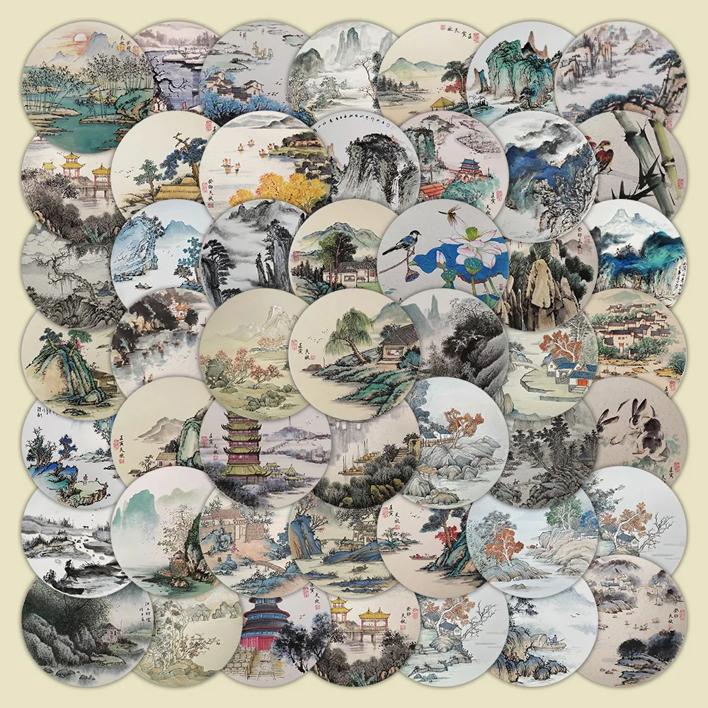 60 Sheets Ancient Chinese Ink Wash Landscape Stickers, DIY Decorative Stickers for Journaling, Phone Case and Craft Decoration