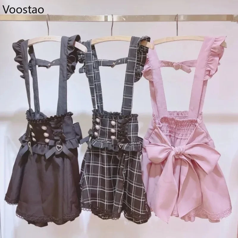 Japanische süße Lolita Spitze Bogen kurzen Strap srock weiche Mädchen Gothic Plaid Bandage Party Miniröcke y2k lässige A-Linie Röcke