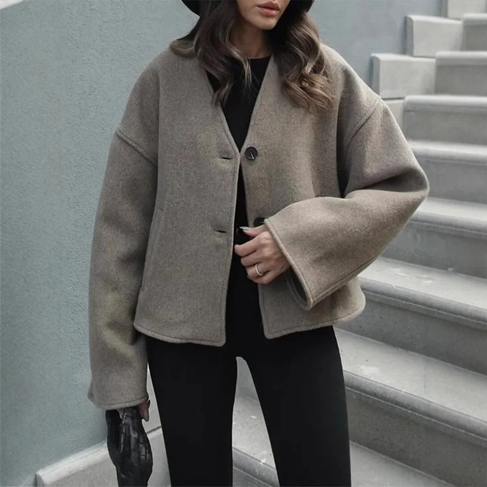 Chic Einreiher V-ausschnitt Übergroßen Jacken frauen Fashion Solid Langarm Warme Woolen Mäntel 2024 Dame Casual Streetwear