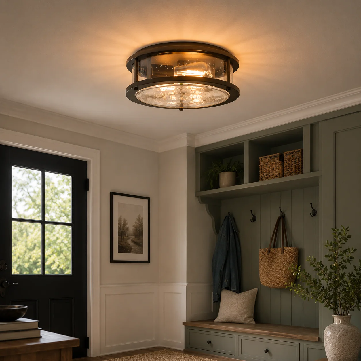Antique Bronze Flush Mount Ceiling Light with Seeded Glass & LED Bulb Ceiling Lamp for Bedroom