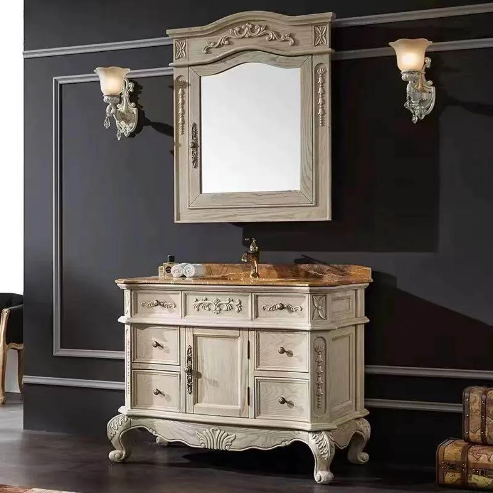 Picture 4: European Style Bathroom Cabinet Red Oak Antique Solid Wood American Wash Stand with Marble Sink Basin